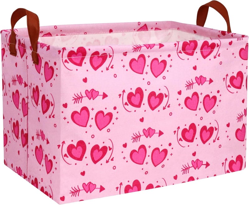 BOOHIT Pink Valentines Day Basket Large Foldable Heart Shaped Storage Box for Gifts Kids Empty Storage Bins Rectangular Toy Organizer Decor (Two Love) - Image 1